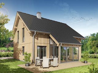 Fertighaus Referenzhaus 4 von Flasche Hausbau, Satteldach-Klassiker Außenansicht 2