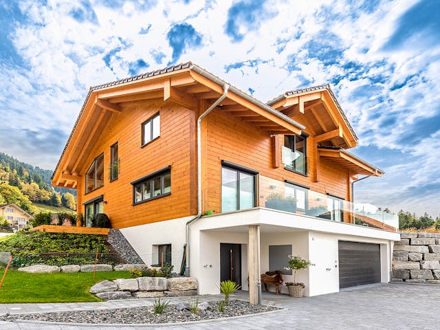 Blockhaus Entlebuch von Fullwood Wohnblockhaus Ausbauhaus ab 410000€, Blockhaus Außenansicht 1 Blockhaus Entlebuch von Fullwood Wohnblockhaus Ausbauhaus ab 410000€, Blockhaus Außenansicht 1