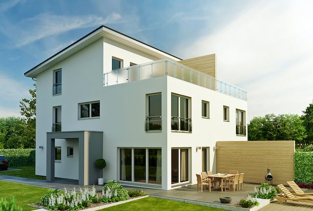 Haus mit einfachem Pultdach und Dachterrasse