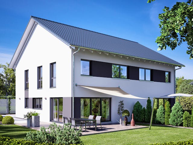 Fertighaus Gemello SD 134 von Büdenbender Hausbau, Satteldach-Klassiker Außenansicht 1 Fertighaus Gemello SD 134 von Büdenbender Hausbau, Satteldach-Klassiker Außenansicht 1