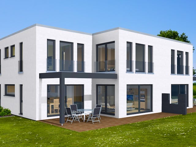 Fertighaus Doppelhaus 168 von Zimmermann Haus Schlüsselfertig ab 330960€, Cubushaus Außenansicht 1