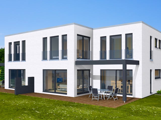 Fertighaus Doppelhaus 168 von Zimmermann Haus Schlüsselfertig ab 330960€, Cubushaus Außenansicht 2