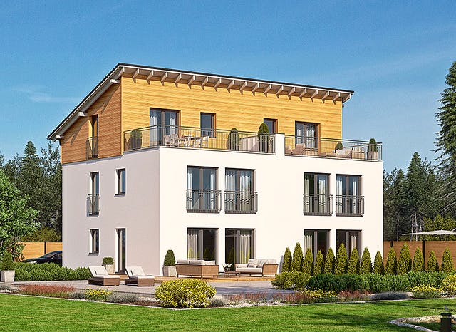 Haus mit einfachem Pultdach und Dachterrasse