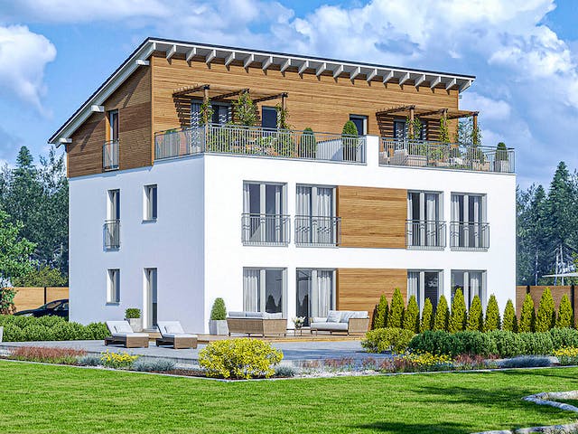Fertighaus Haas D 112 A von Haas-Fertigbau Schlüsselfertig ab 428000€, Pultdachhaus Außenansicht 1