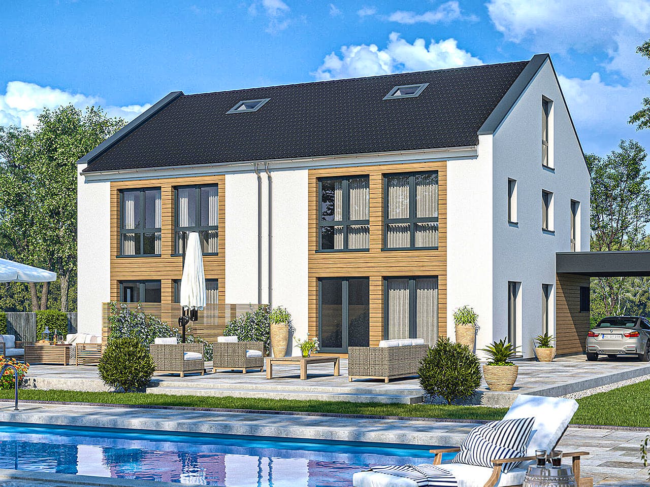 Fertighaus Haas D 128 B von Haas Fertigbau - Mehrfamilienhäuser Schlüsselfertig ab 402000€, Außenansicht 1