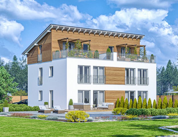 Schlüsselfertiges Doppelhaus von Haas Fertigbau mit Pultdach