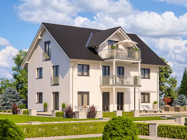 Fertighaus Haas Mehrfamilienhaus mit 3 Wohneinheiten und Satteldach von Haas Fertigbau - Mehrfamilienhäuser, Außenansicht 1 Fertighaus Haas Mehrfamilienhaus mit 3 Wohneinheiten und Satteldach von Haas Fertigbau - Mehrfamilienhäuser, Außenansicht 1