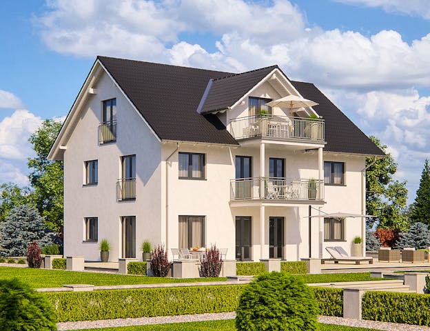 Bei diesem von Haas Fertigbau angebotenen Mehrfamilienhaus mit 3 Wohneinheiten sieht der Grundriss eine Wohnung pro Geschoss vor, die je mit einem Balkon und im Keller mit einem eigenen Abteil ausgestattet ist.