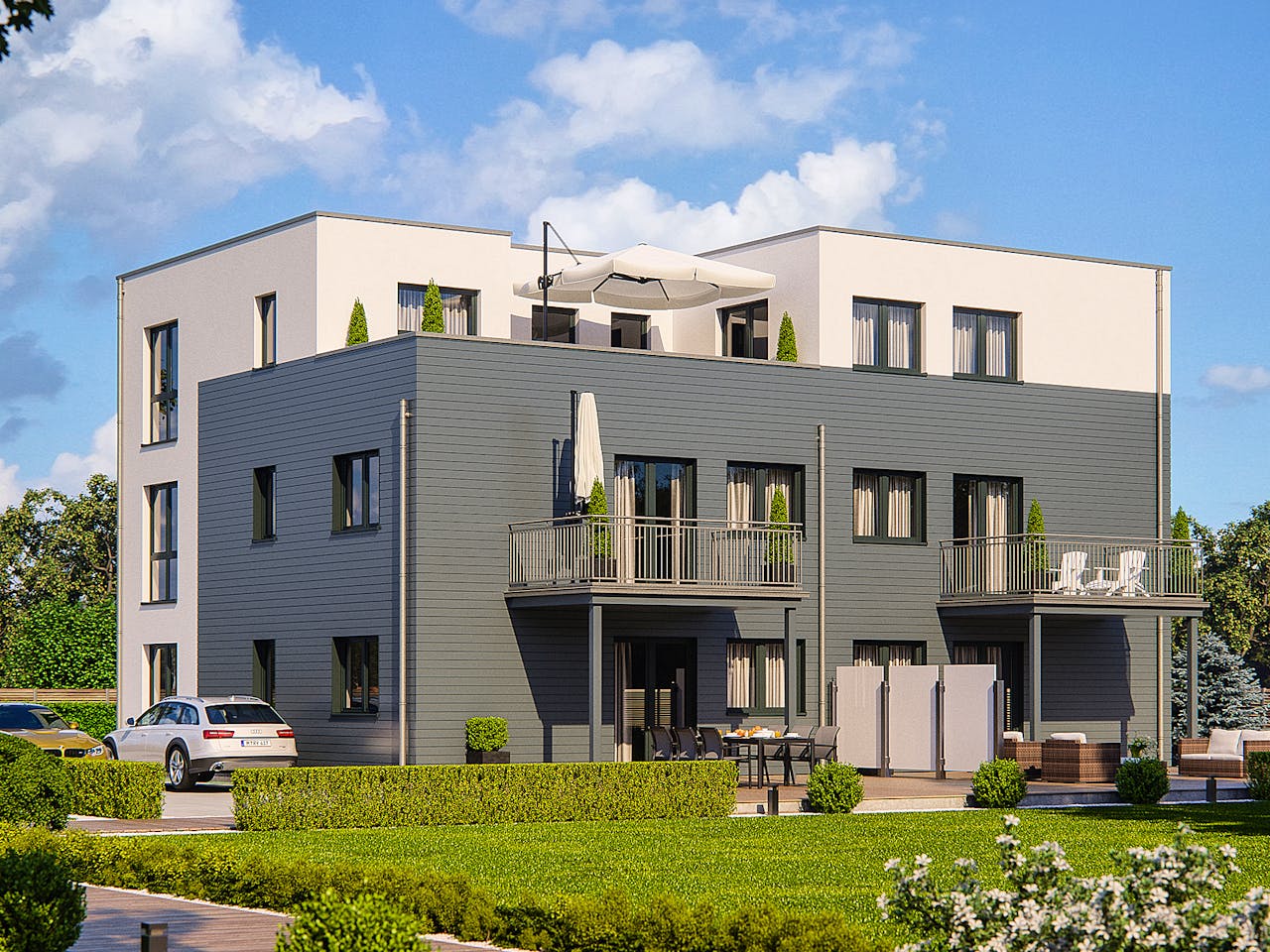 Haas Mehrfamilienhaus mit 5 Wohneinheiten und Flachdach