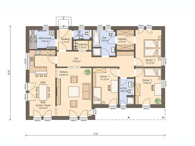 Fertighaus Haas B 131 von Haas Fertigbau Ausbauhaus ab 257000€, Bungalow Grundriss 1