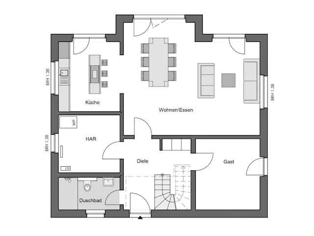 Massivhaus Familia 172 von HANNOVER HAUS Schlüsselfertig ab 389900€, Satteldach-Klassiker Grundriss 1 Massivhaus Familia 172 von HANNOVER HAUS Schlüsselfertig ab 389900€, Satteldach-Klassiker Grundriss 1