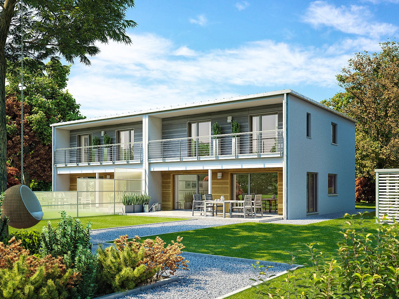 Fertighaus Doppelhaus 135 von Hanse Haus Schlüsselfertig ab 388373€, Cubushaus Außenansicht 1