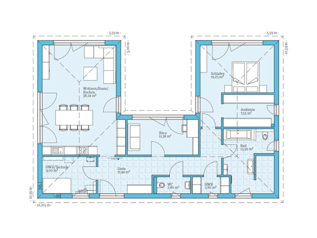 Fertighaus Bungalow 123 von Hanse Haus Schlüsselfertig ab 445596€, Bungalow Grundriss 1