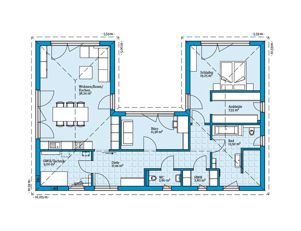 Fertighaus Bungalow 123 von Hanse Haus Schlüsselfertig ab 393517€, Bungalow Grundriss 1