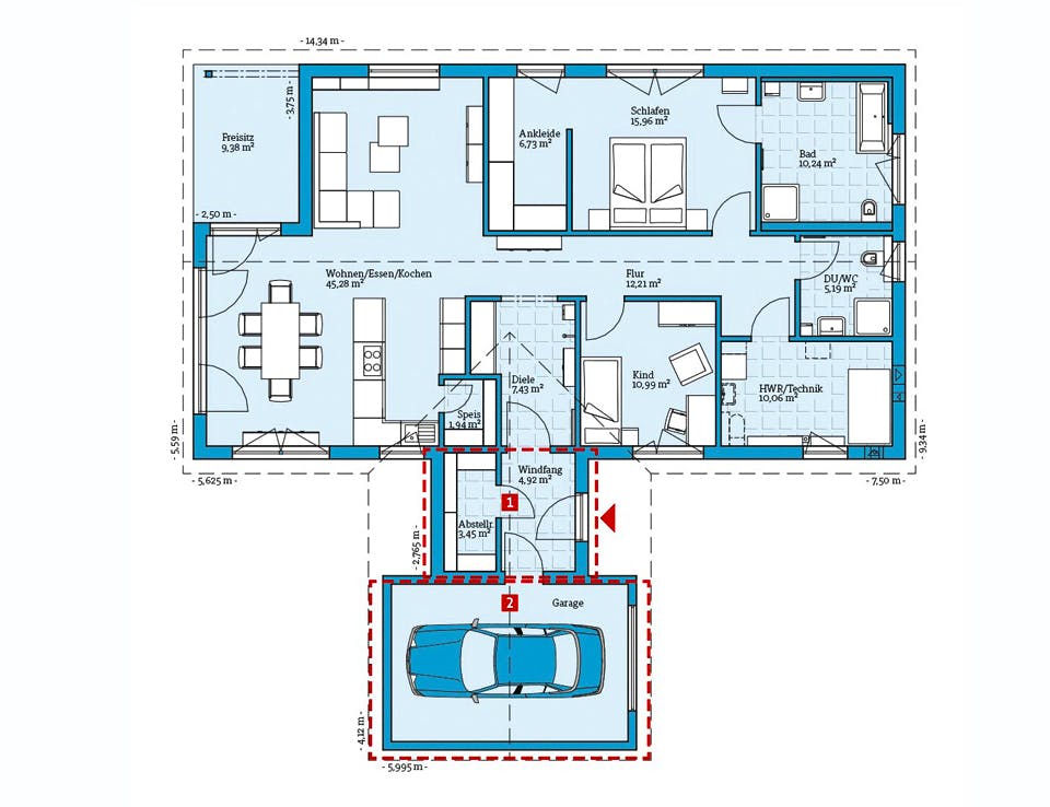 Fertighaus Bungalow 127 von Hanse Haus Schlüsselfertig ab 362409€, Bungalow Grundriss 1