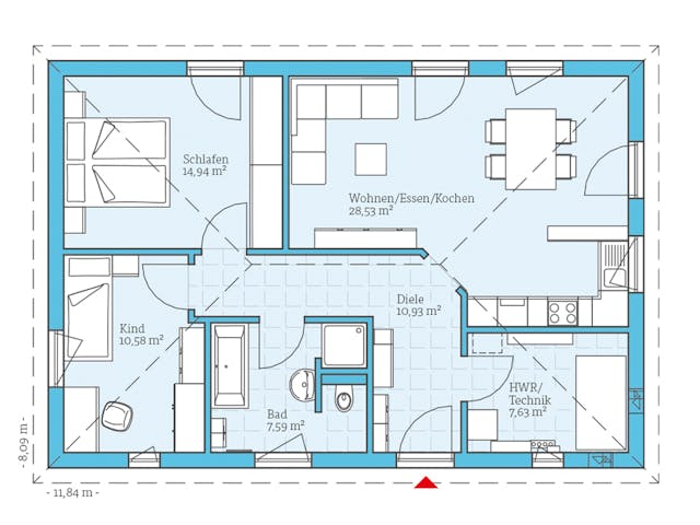 Fertighaus Bungalow 80 von Hanse Haus Schlüsselfertig ab 294827€, Bungalow Grundriss 1 Fertighaus Bungalow 80 von Hanse Haus Schlüsselfertig ab 294827€, Bungalow Grundriss 1