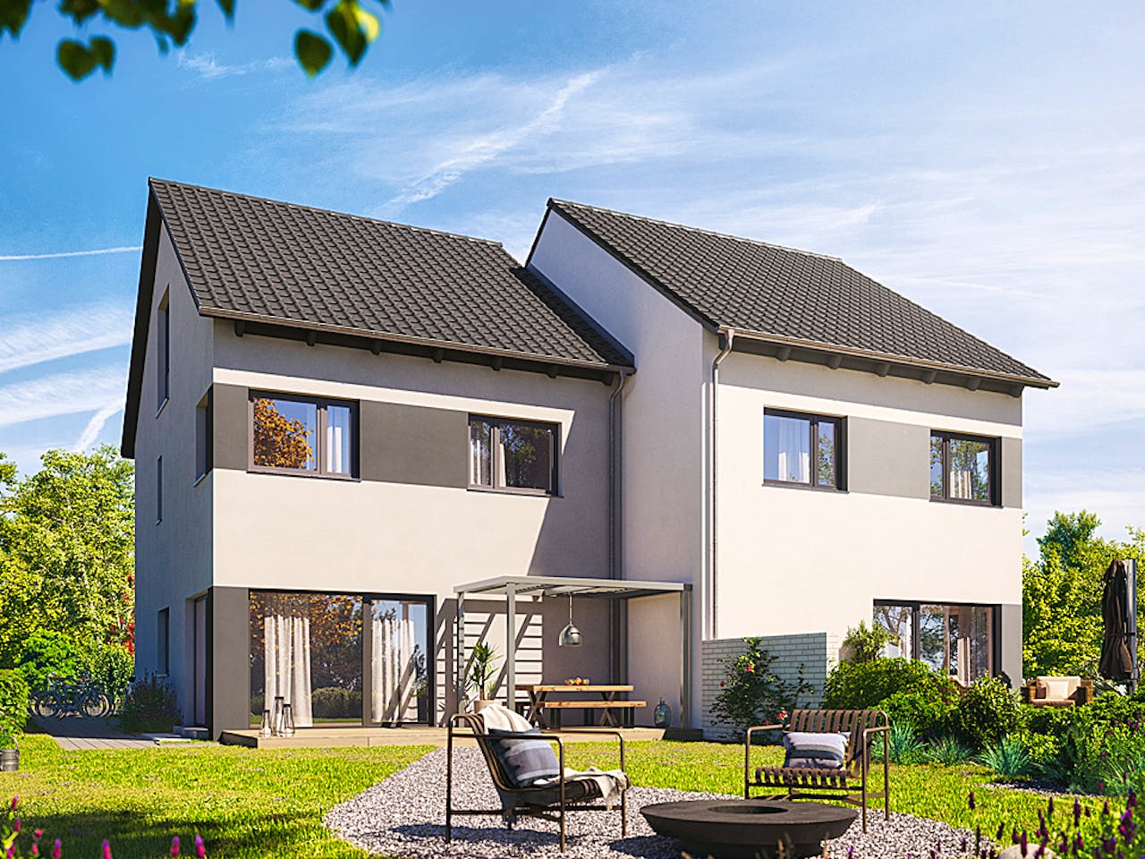 Fertighaus Doppelhaus 164 von Hanse Haus Schlüsselfertig ab 443565€, Satteldach-Klassiker Außenansicht 1