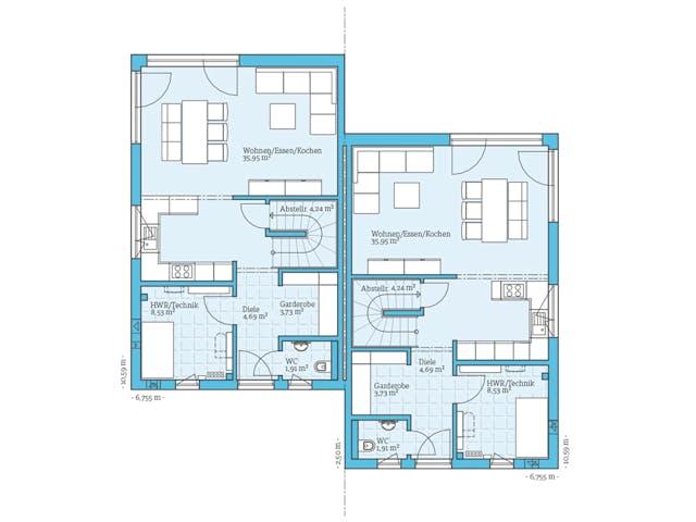 Fertighaus Doppelhaus 164 von Hanse Haus Schlüsselfertig ab 457474€, Satteldach-Klassiker Grundriss 1 Fertighaus Doppelhaus 164 von Hanse Haus Schlüsselfertig ab 457474€, Satteldach-Klassiker Grundriss 1