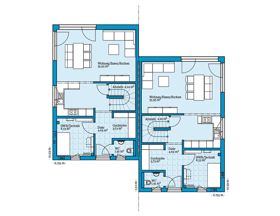 Fertighaus Doppelhaus 164 von Hanse Haus Schlüsselfertig ab 399955€, Satteldach-Klassiker Grundriss 1
