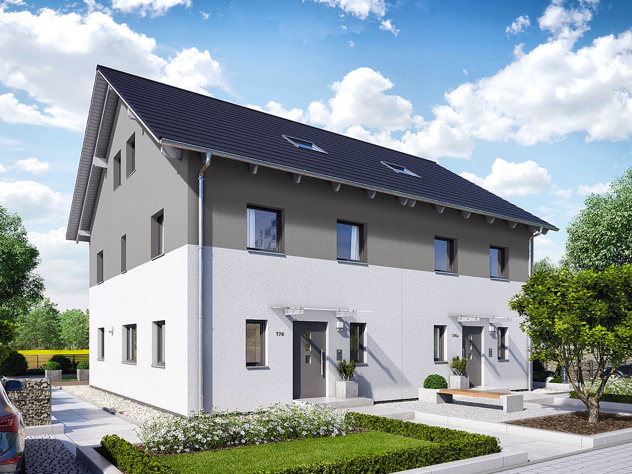 Fertighaus Doppelhaus 176 von Hanse Haus Schlüsselfertig ab 455288€, Satteldach-Klassiker Außenansicht 1