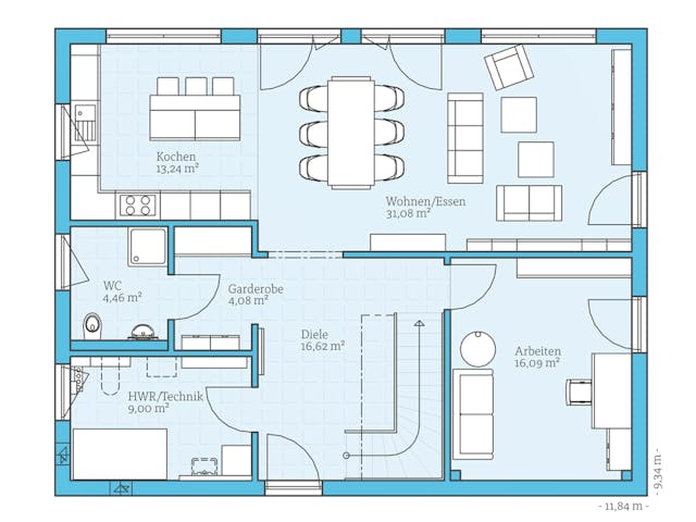 Grundriss Einfamilienhaus mit großem Büro im Erdgeschoss