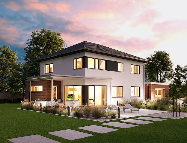 Fertighaus-Stadtvilla mit überdachter Terrasse und Erker
