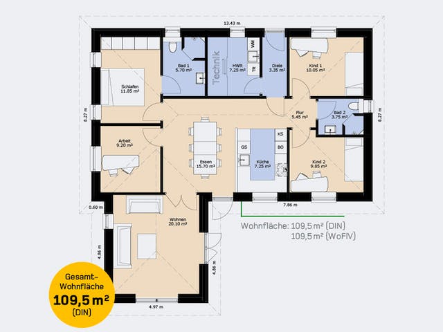 Massivhaus Bungalow 110 SF von HausCompagnie Schlüsselfertig ab 189000€, Bungalow Grundriss 1