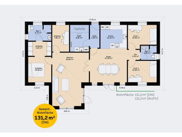 Massivhaus Bungalow 131 SF von HausCompagnie Schlüsselfertig ab 212000€, Bungalow Grundriss 1