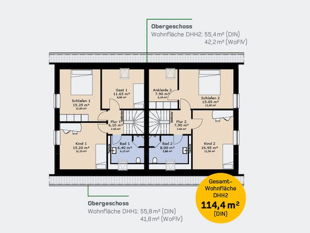Massivhaus Doppelhaus 114 SF von HausCompagnie Schlüsselfertig ab 387000€, Satteldach-Klassiker Grundriss 2