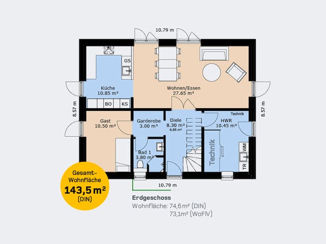 Massivhaus Einfamilienhaus 143 SF von HausCompagnie Schlüsselfertig ab 239000€, Satteldach-Klassiker Grundriss 1