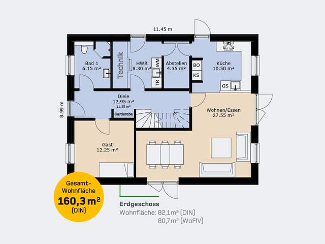 Massivhaus Einfamilienhaus 160 SF von HausCompagnie Schlüsselfertig ab 261000€, Satteldach-Klassiker Grundriss 1