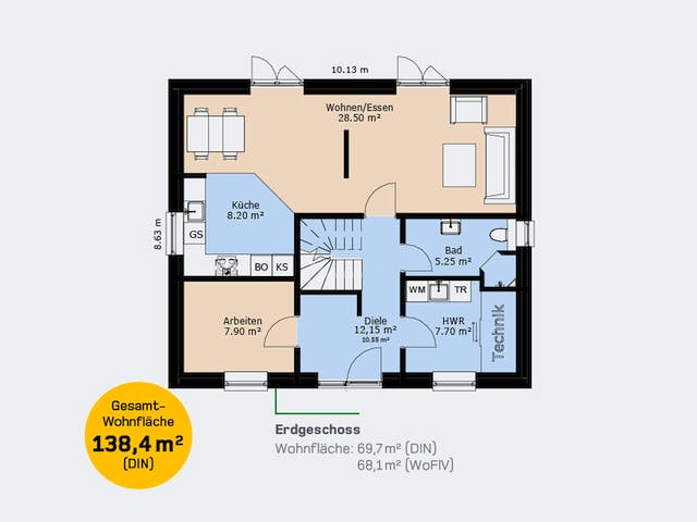 Massivhaus Stadtvilla 138 SF von HausCompagnie Schlüsselfertig ab 237000€, Stadtvilla Grundriss 1