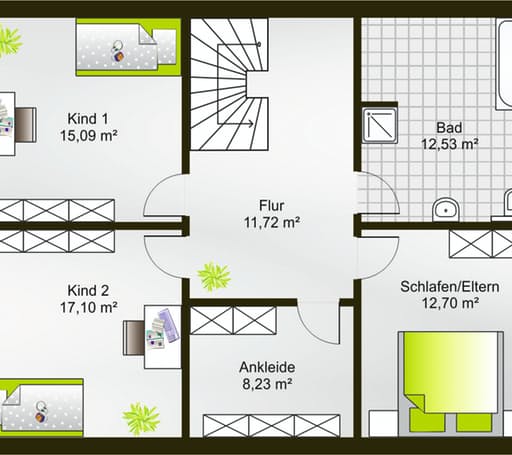 Fertighaus Hausidee 167 SD (inactive) von DREVO HAUS Schlüsselfertig ab 197000€, Satteldach-Klassiker Grundriss 1