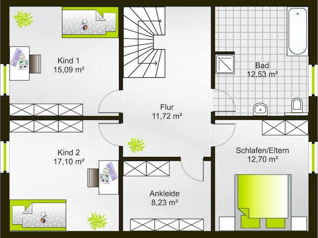 Fertighaus Hausidee 167 SD von DREVO HAUS Schlüsselfertig ab 197000€, Satteldach-Klassiker Grundriss 1