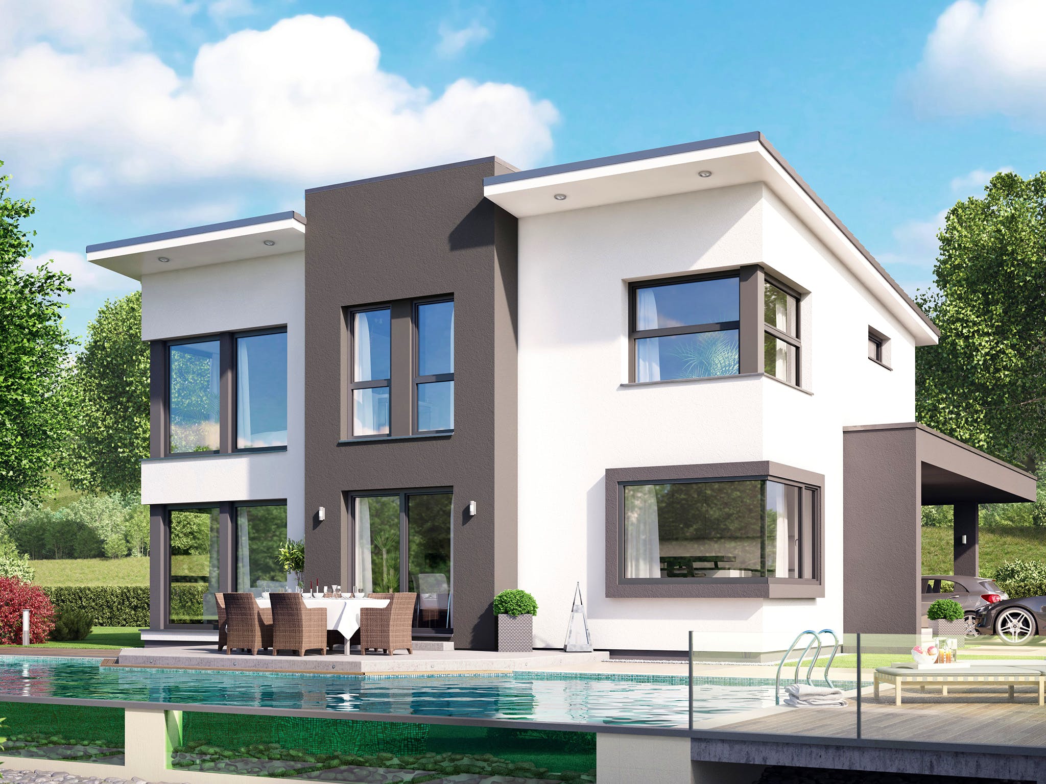 Modernes Haus in schwarz und weiß, Außenansicht