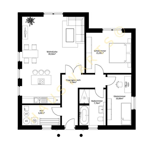 Massivhaus Wismar von Hauswärts Consulting Schlüsselfertig ab 179000€, Bungalow Grundriss 1