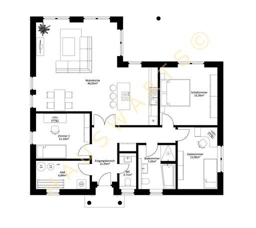 Massivhaus Stralsund von Hauswärts Consulting Schlüsselfertig ab 229000€, Bungalow Grundriss 1