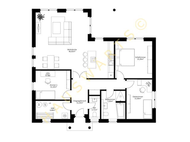 Massivhaus Stralsund von Hauswärts Consulting Schlüsselfertig ab 229000€, Bungalow Grundriss 1