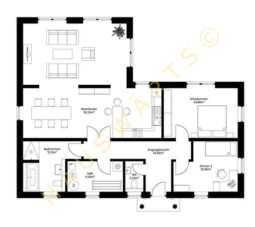 Massivhaus Rostock - Satteldach von Hauswärts Consulting Schlüsselfertig ab 219000€, Bungalow Grundriss 1