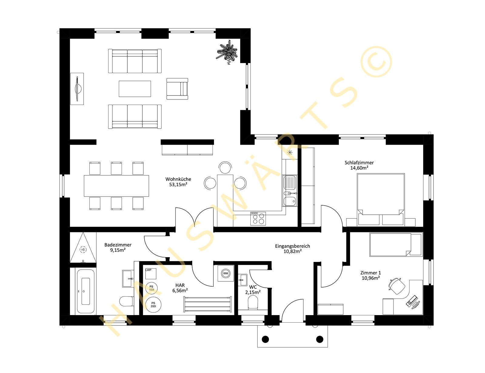Massivhaus Rostock - Satteldach von Hauswärts Consulting Schlüsselfertig ab 219000€, Bungalow Grundriss 1