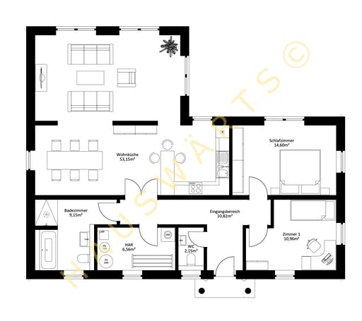 Massivhaus Rostock - Walmdach von Hauswärts Consulting Schlüsselfertig ab 215000€, Bungalow Grundriss 1