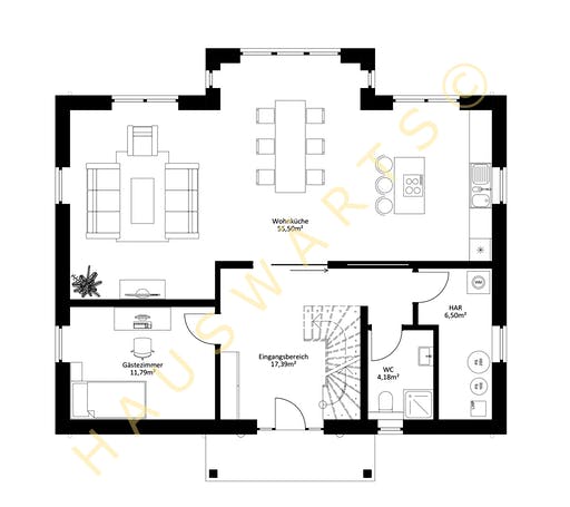 Massivhaus Schwerin von Hauswärts Consulting Schlüsselfertig ab 329000€, Satteldach-Klassiker Grundriss 1