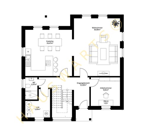 Massivhaus Oranienburg von Hauswärts Consulting Schlüsselfertig ab 279000€, Satteldach-Klassiker Grundriss 1