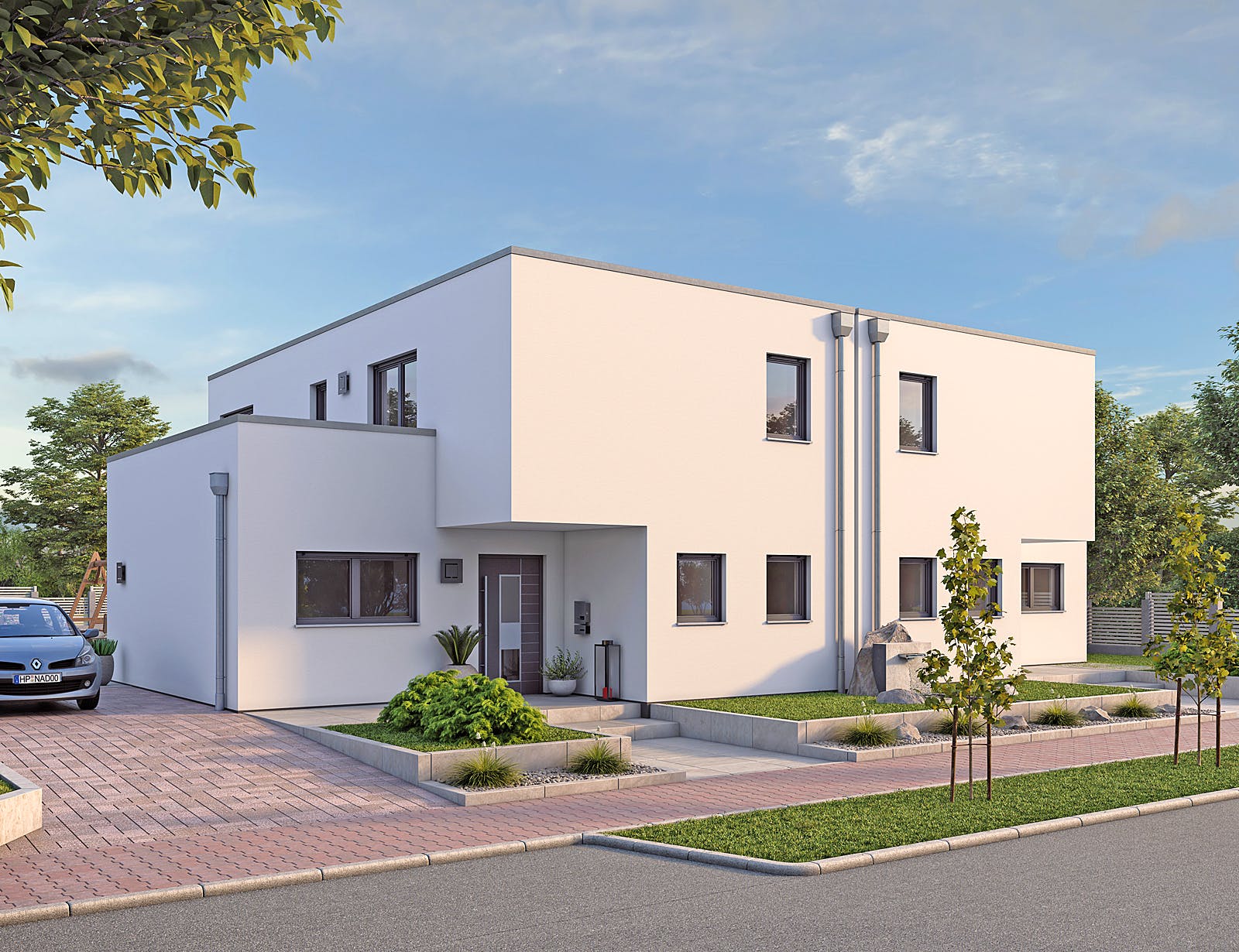 Massivhaus DHH Bauhaus 130 von hebelHAUS, Cubushaus Außenansicht 1