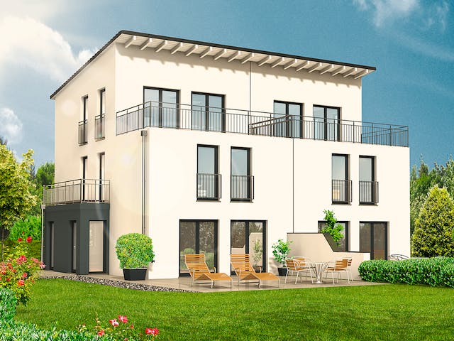 Massivhaus Doppelhaus Lifestyle 54.15 von hebelHAUS Schlüsselfertig ab 336000€, Pultdachhaus Außenansicht 1