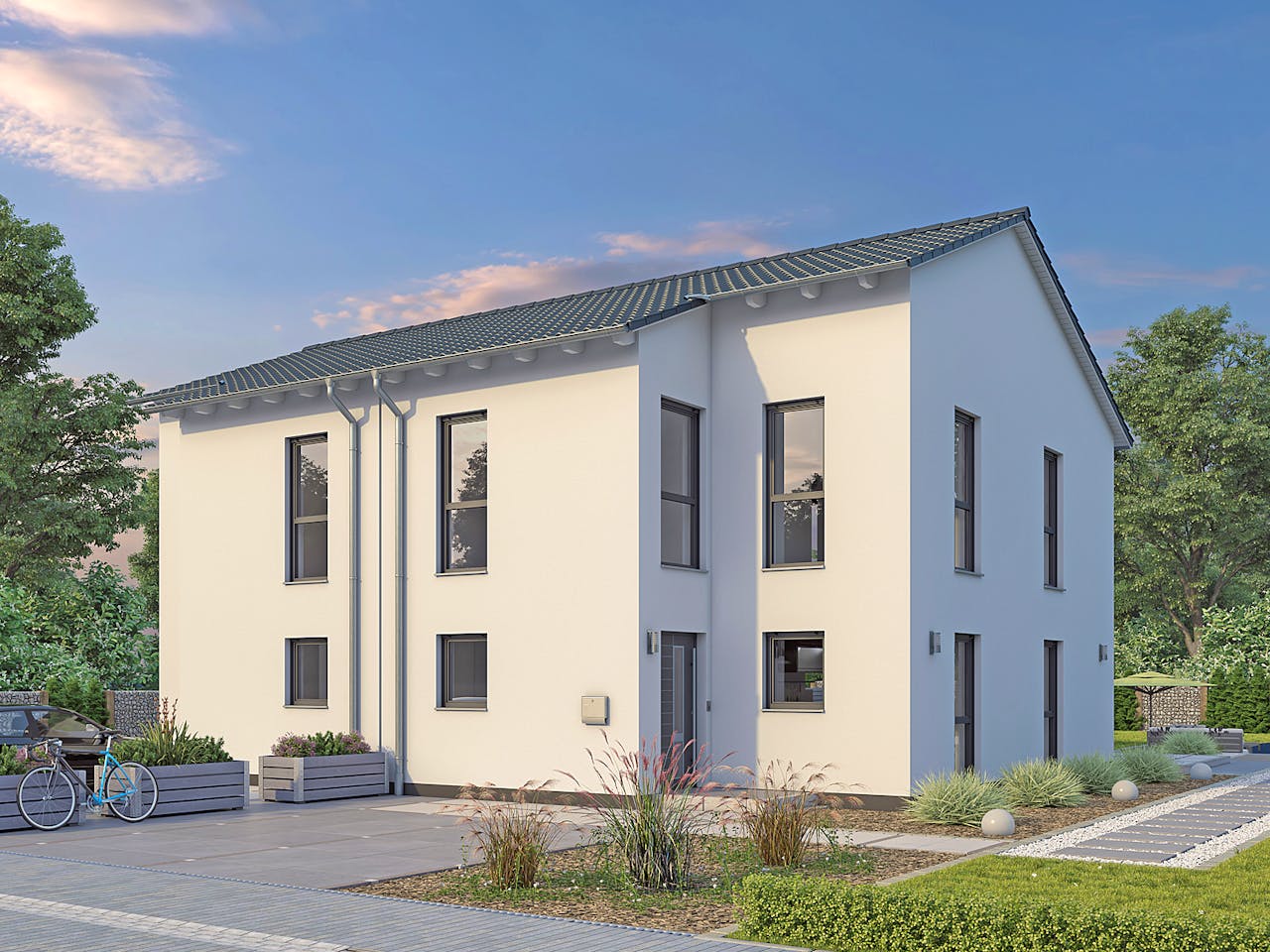 Massivhaus DHH Stadtvilla 110 von hebelHAUS, Satteldach-Klassiker Außenansicht 1