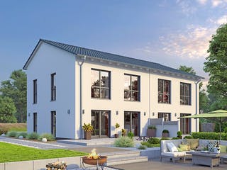 Massivhaus DHH Stadtvilla 110 von hebelHAUS, Satteldach-Klassiker Außenansicht 2