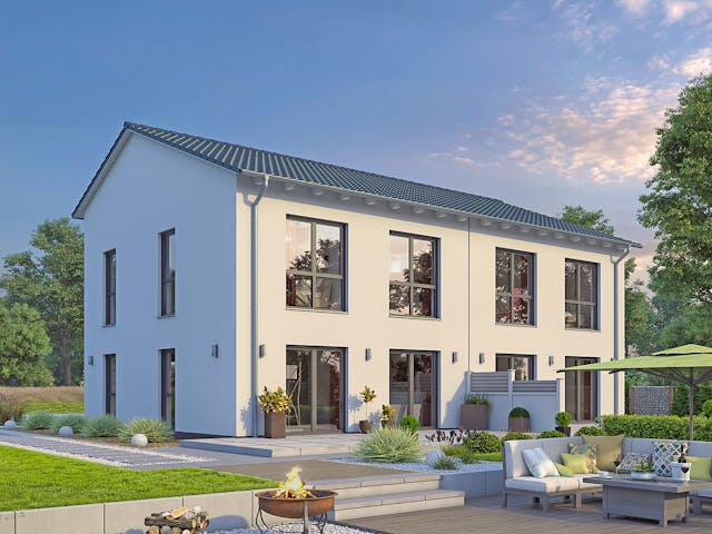 Massivhaus DHH Stadtvilla 110 von hebelHAUS, Satteldach-Klassiker Außenansicht 2