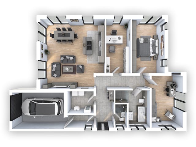 Grundriss kleiner Bungalow mit schmalem Arbeitszimmer