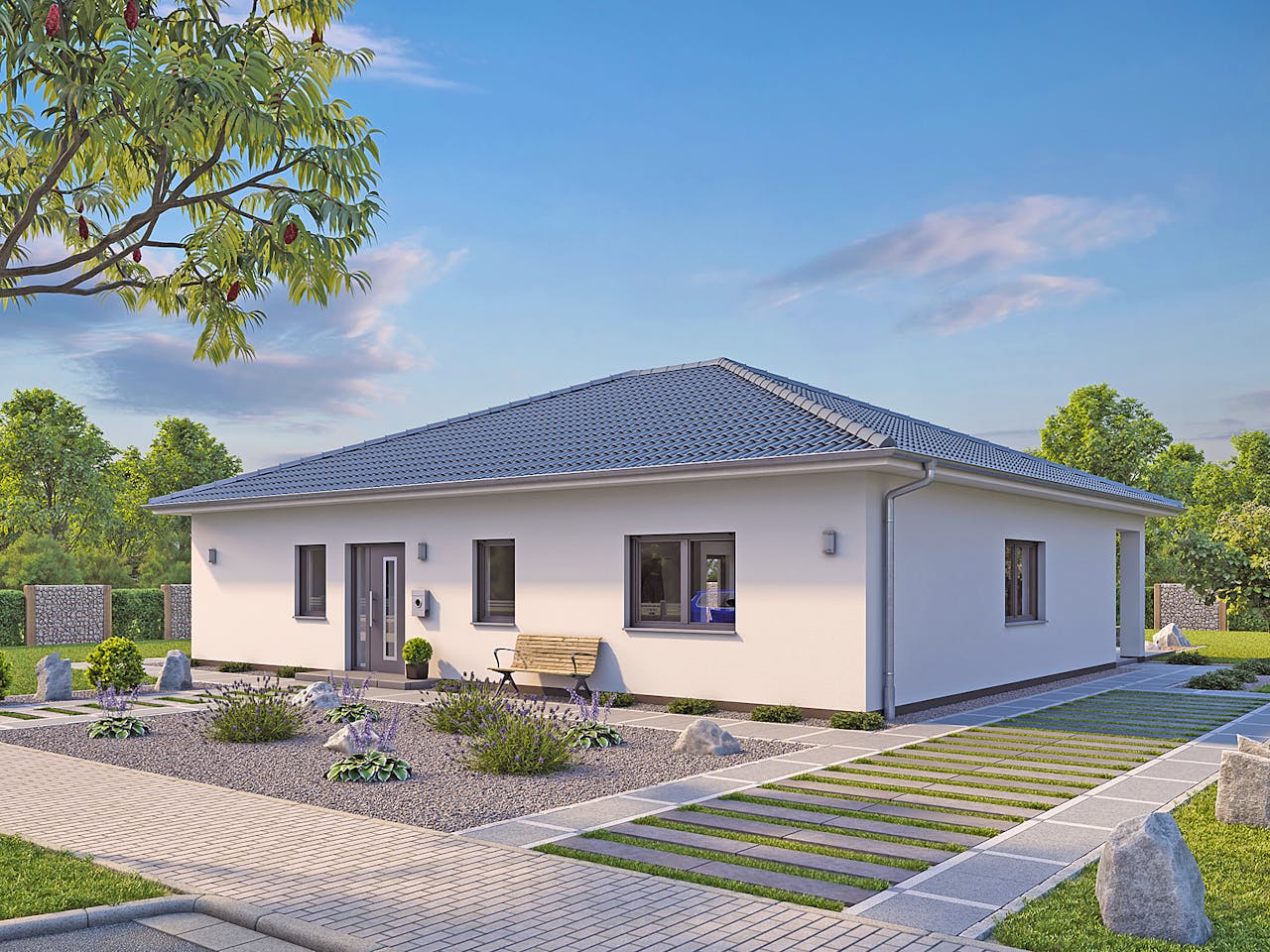 Massivhaus EFH Bungalow 125 von hebelHAUS, Bungalow Außenansicht 1